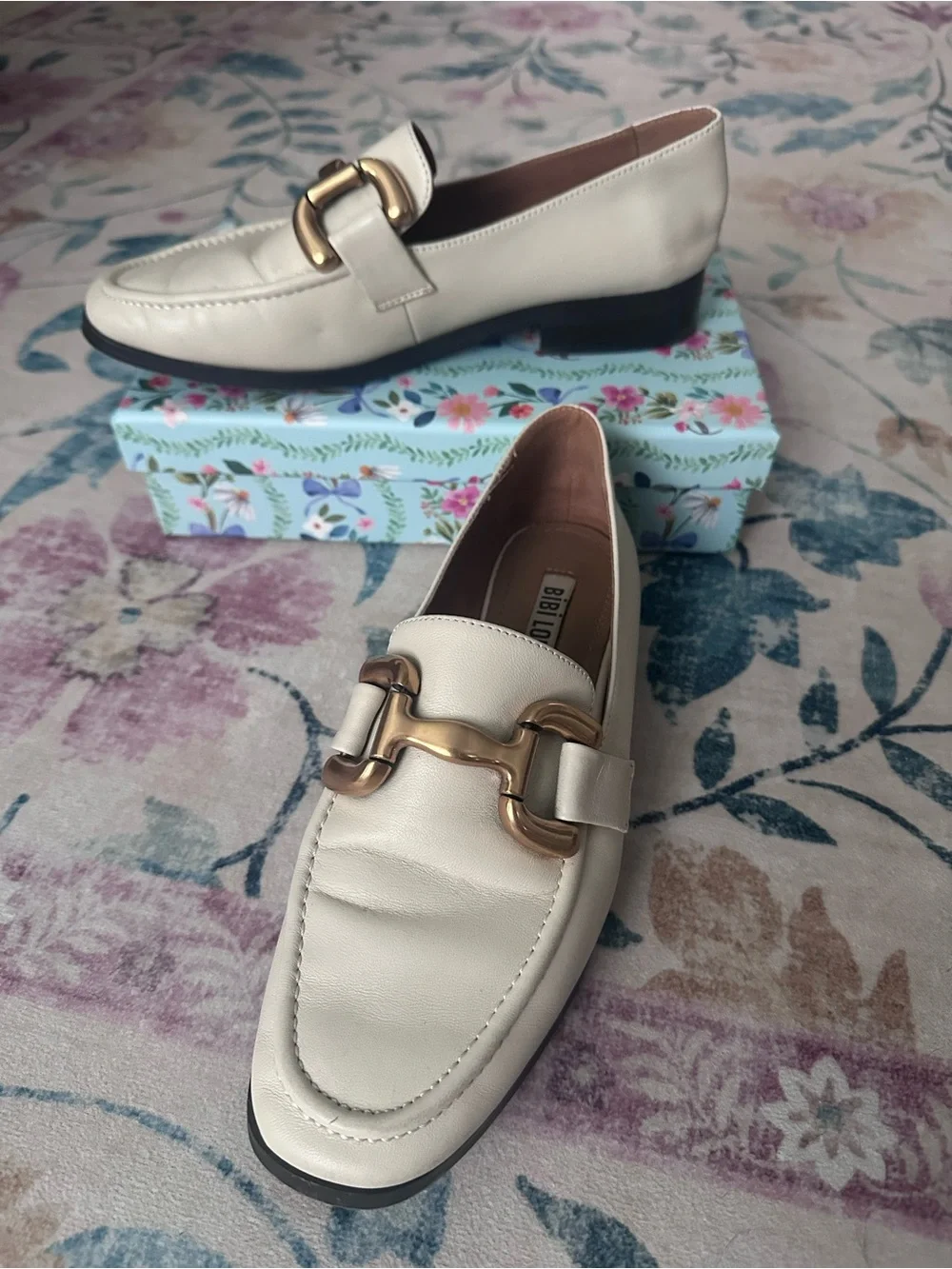 EUC - Women's Bibi Lou Cream Leather Loafers with Gold Buckle